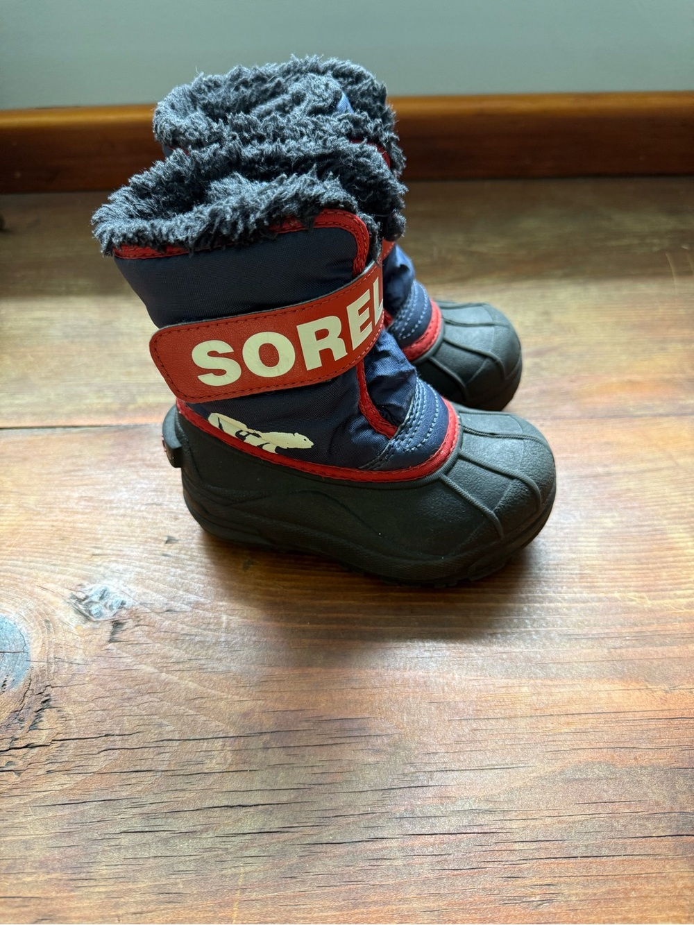Sorel Navy and Red Kids Winter Boots with Faux-Fur Cuff